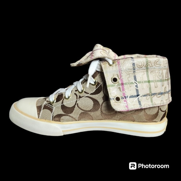 Coach Bonney Sneakers Graffiti Fold Over High Top Sneakers Brown Gold Canvas - Picture 4 of 10